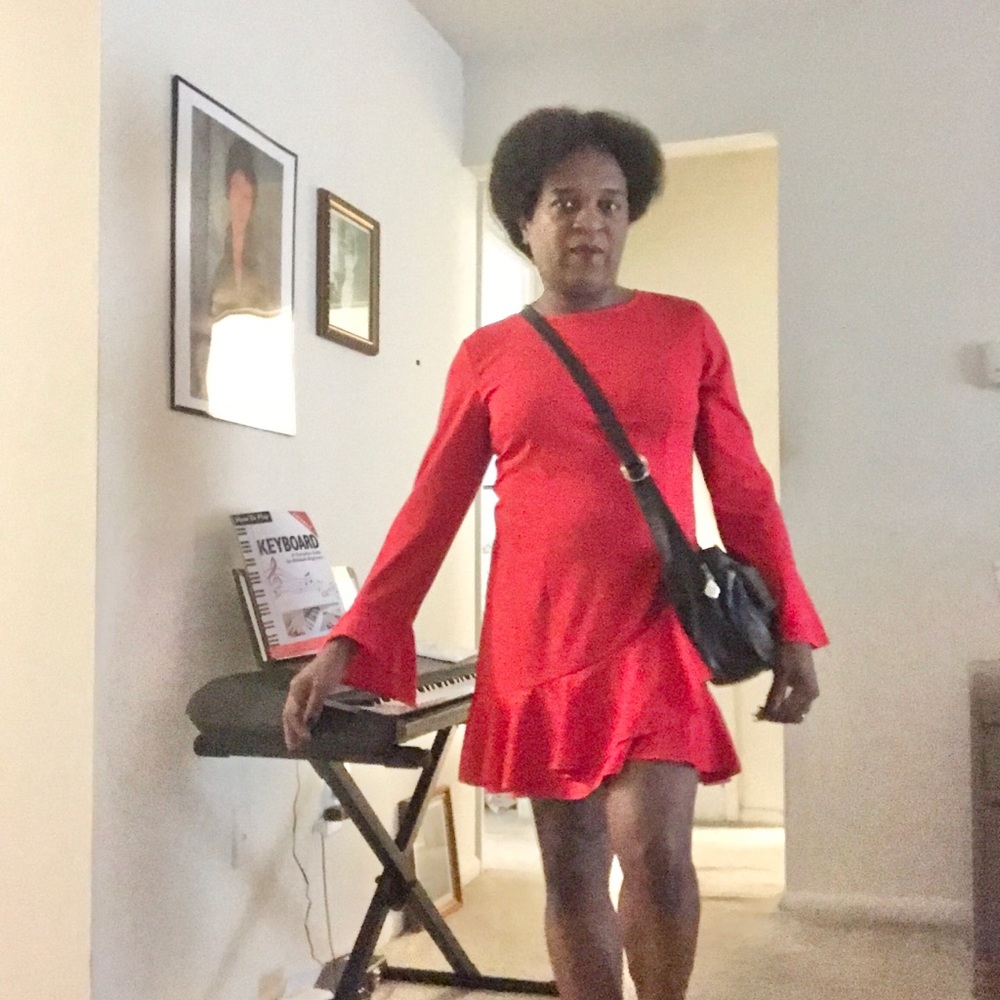 Red Dress Flutter hem long sleeve